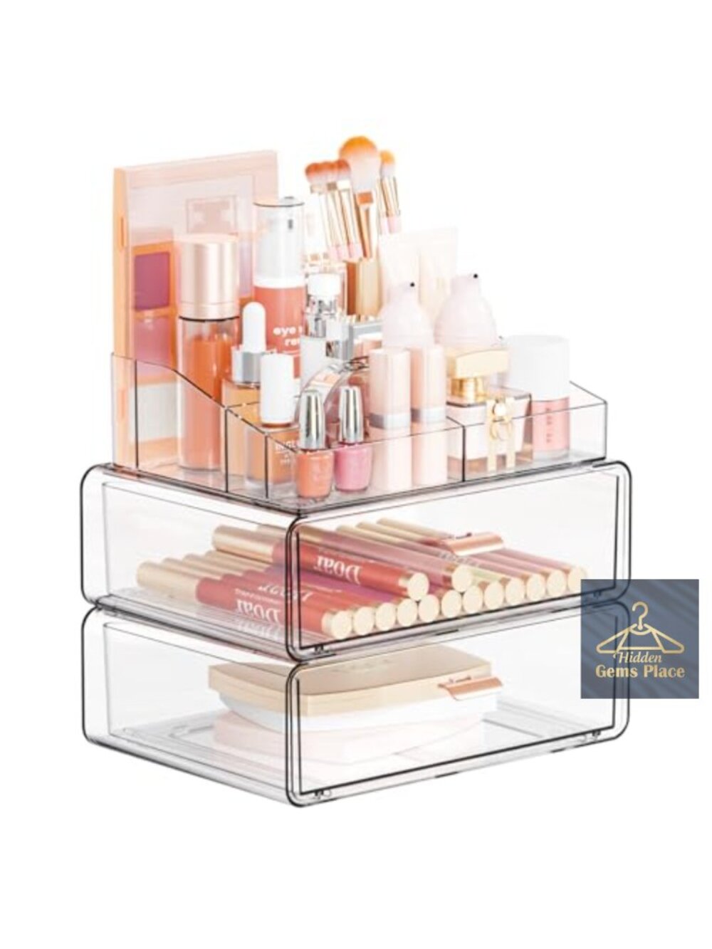 Acrylic 3 Tier Makeup Organizer with Drawer - Clear Stackable Cosmetic Storage